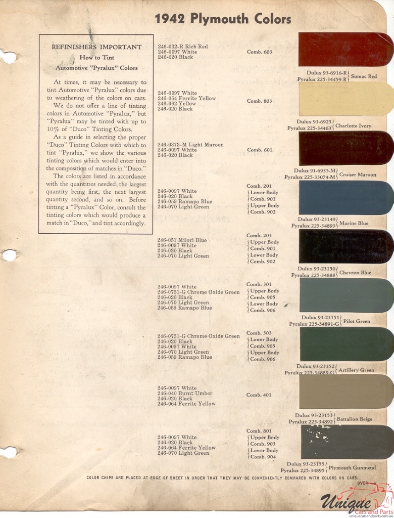1942 Plymouth Paint Charts DuPont 1